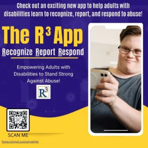 Graphic for the R3 app shows a young man holding and looking at his smartphone in landscape view.